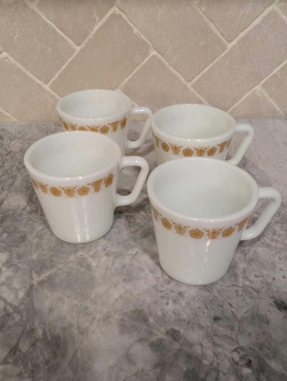 Vintage Pyrex White Glass Mugs with Gold Butterfly Floral Band - Set of 4